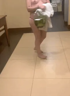 wife lost a game so she had to walk from our room at the end of the hall down to the elevators naked.